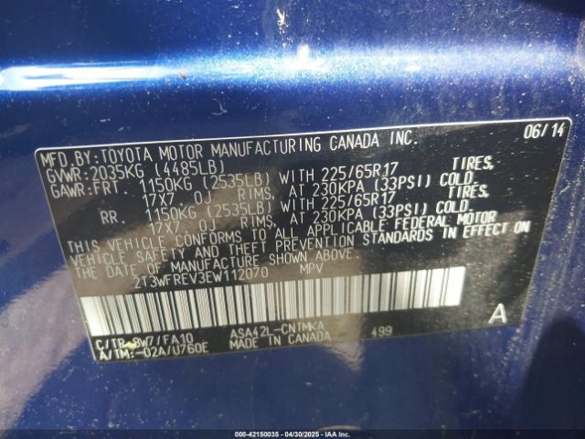 2T3WFREV3EW112070 Toyota Rav4 Xle