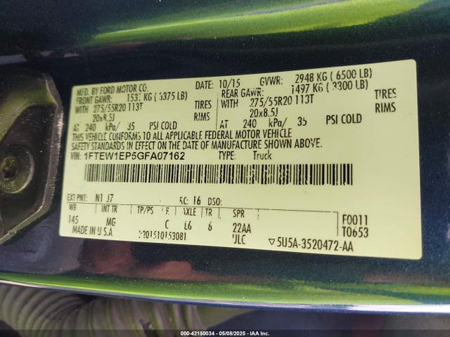 1FTEW1EP5GFA07162 Ford F-150 Xlt