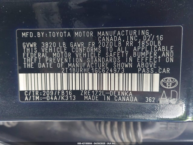 2T1BURHE1GC624973 Toyota COROLLA LE