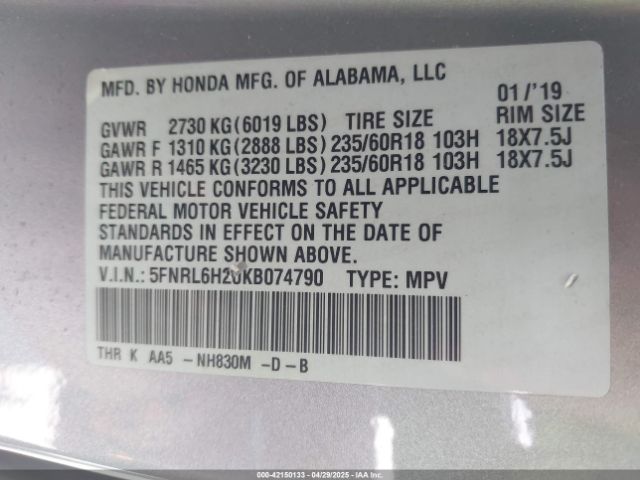 5FNRL6H20KB074790 Honda ODYSSEY LX
