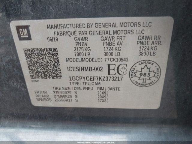 1GCPYCEF7KZ373217 Chevrolet Silverado 1500 Custom Trail Boss