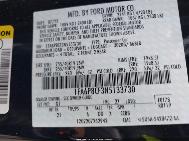 1FA6P8CF3N5133730 Ford Mustang Gt Fastback