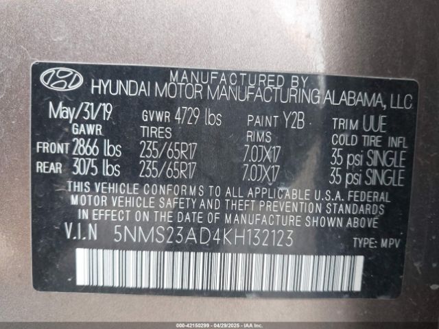 5NMS23AD4KH132123 Hyundai Santa Fe Se
