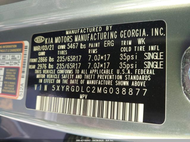 5XYRGDLC2MG038877 KIA SORENTO LX