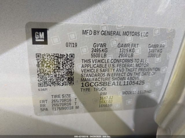 1GCGSBEA1L1105425 Chevrolet Colorado 2wd  Short Box Wt