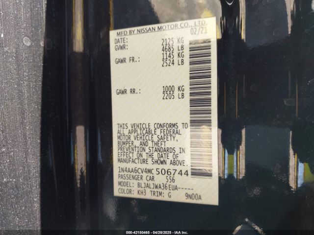 1N4AA6CV4MC506744 Nissan Maxima Sv Xtronic Cvt