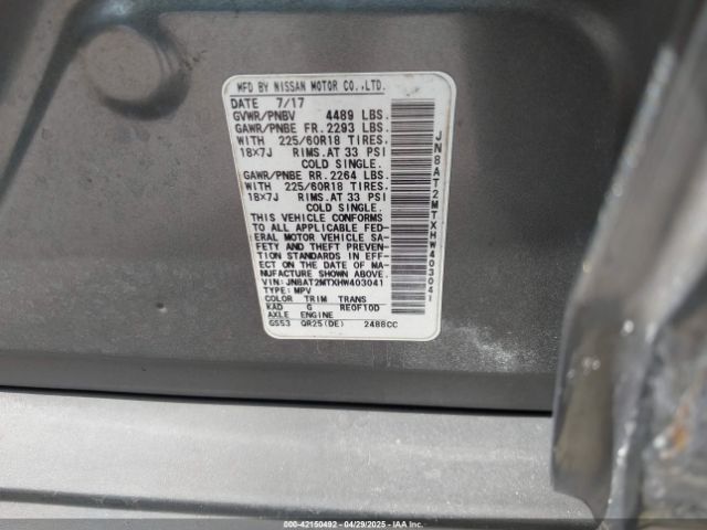 JN8AT2MTXHW403041 Nissan Rogue Sl