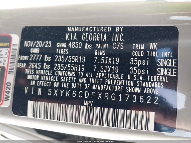5XYK6CDFXRG173622 KIA gdi theta iii