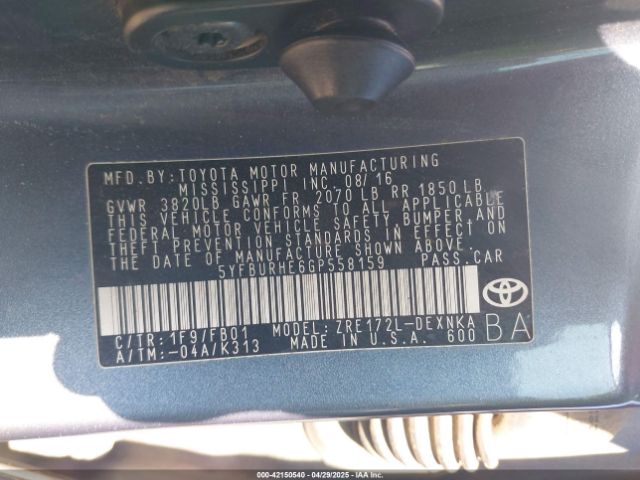 5YFBURHE6GP558159 Toyota Corolla Le Plus