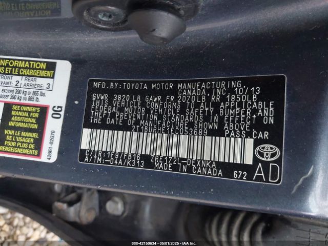 2T1BURHE1EC053689 Toyota Corolla L/le/le Pls/prm/s/s Pls