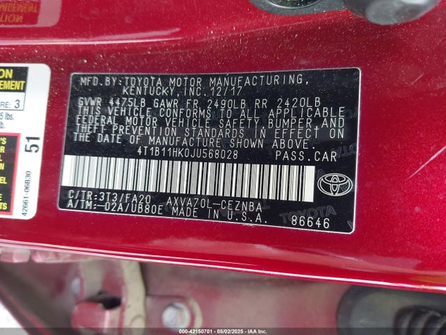 4T1B11HK0JU568028 Toyota CAMRY LE