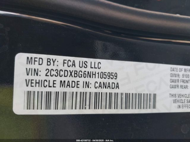 2C3CDXBG6NH105959 Dodge Charger Sxt Rwd