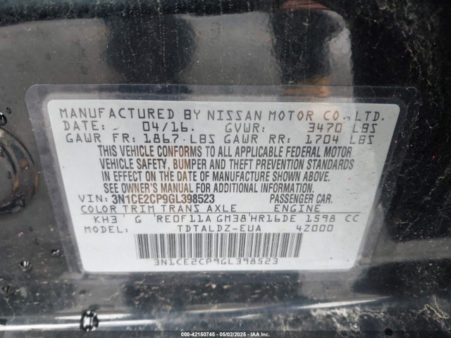 3N1CE2CP9GL398523 Nissan Versa Note Sv