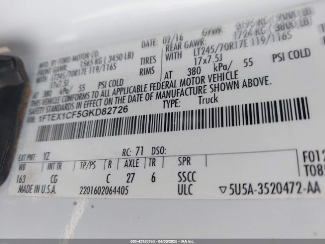 1FTEX1CF5GKD82726 Ford F-150 Xl