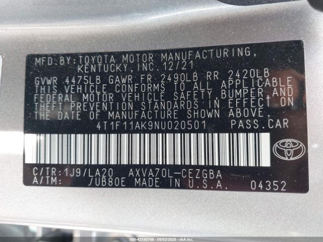 4T1F11AK9NU020501 Toyota CAMRY XLE