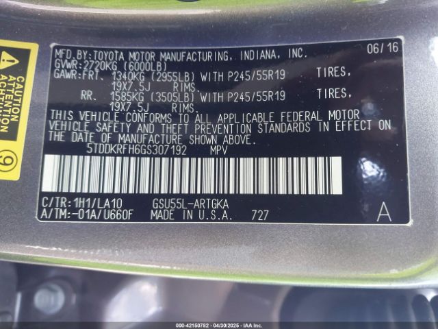 5TDDKRFH6GS307192 Toyota Highlander Limited V6