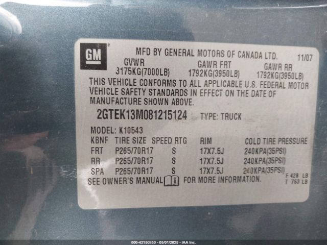 2008 GMC SIERRA 1500 2GTEK13M081215124 Photo 8