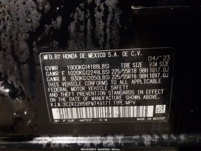 3CZRZ2H58PM749171 Honda Hr-v Awd Sport