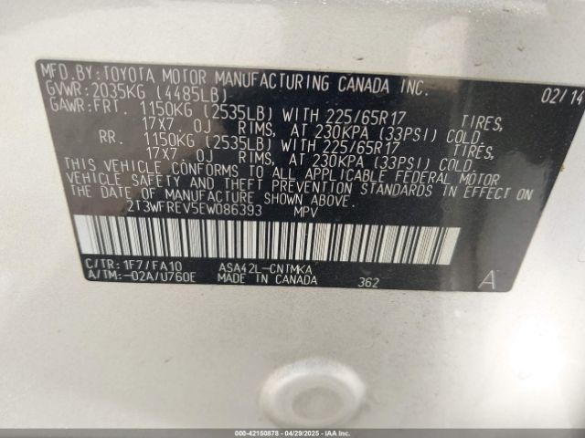 2T3WFREV5EW086393 Toyota Rav4 Xle
