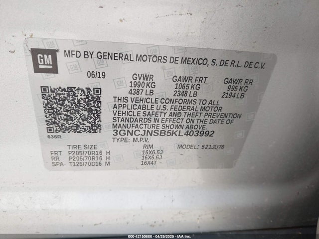 Chevrolet TRAX LS 2019 3GNCJNSB5KL403992 Image 9