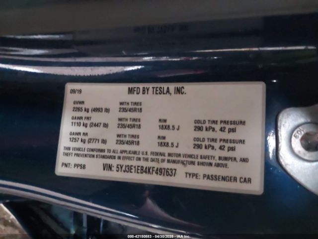 5YJ3E1EB4KF497637 Tesla Model 3 Long Range/performance