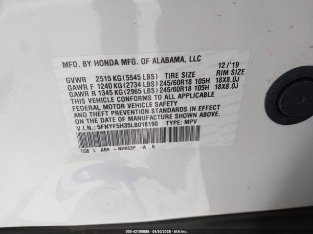 5FNYF5H35LB018190 Honda Pilot 2wd Ex