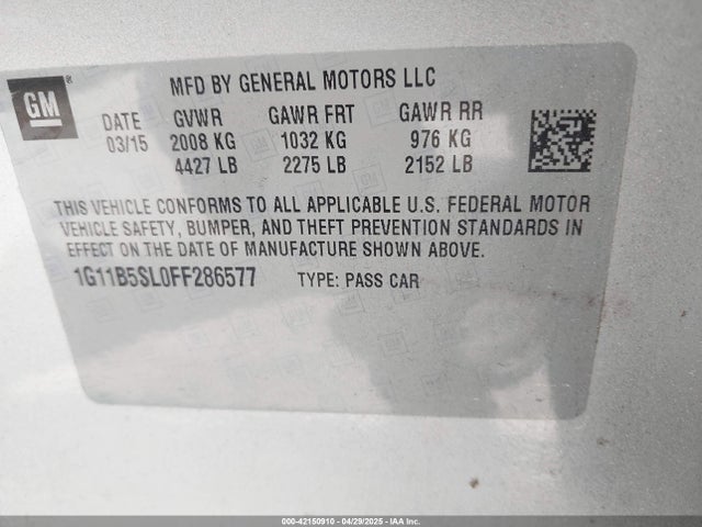Продаж на аукціоні авто 2015 Chevrolet Malibu Ls, vin: 1G11B5SL0FF286577, номер лоту: 42150910