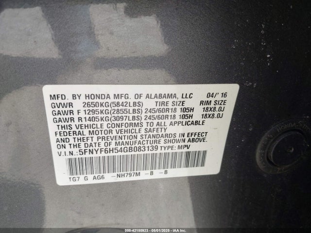 5FNYF6H54GB083139 Honda Pilot Ex-l
