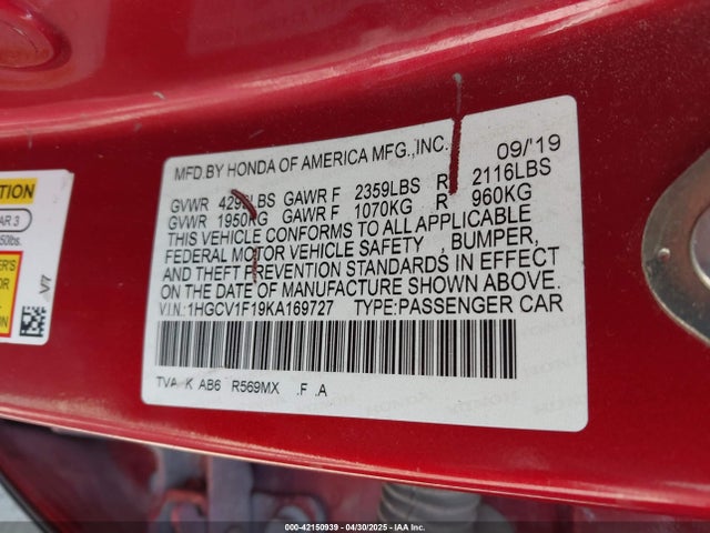 1HGCV1F19KA169727 Honda ACCORD LX