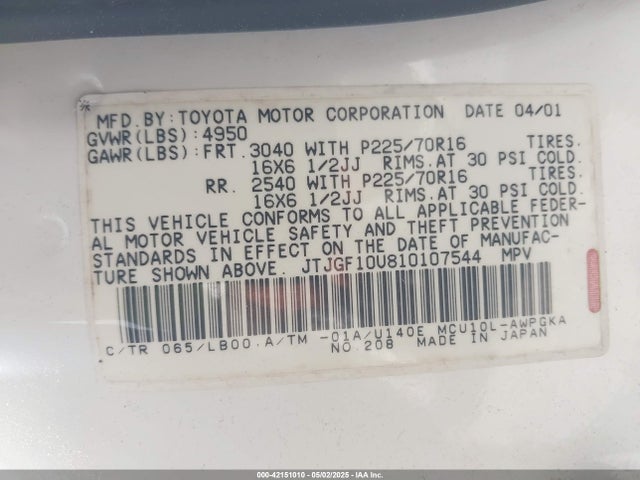 2001 LEXUS RX JTJGF10U810107544 Photo 8
