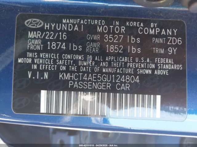 KMHCT4AE5GU124804 Hyundai ACCENT SE