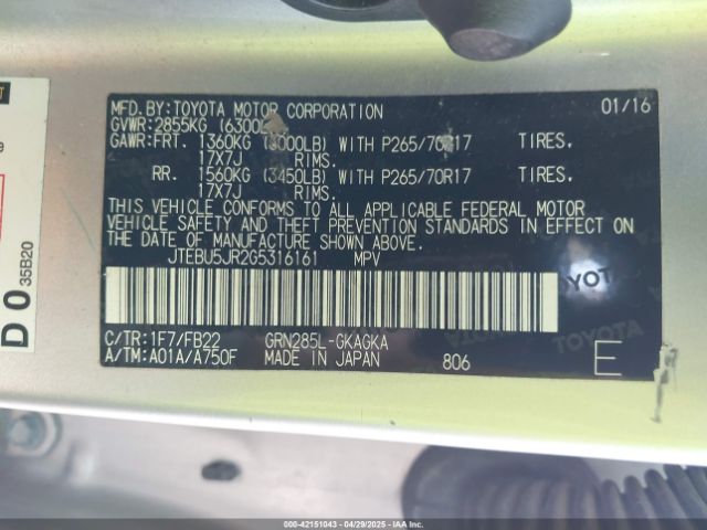 JTEBU5JR2G5316161 Toyota 4RUNNER SR5