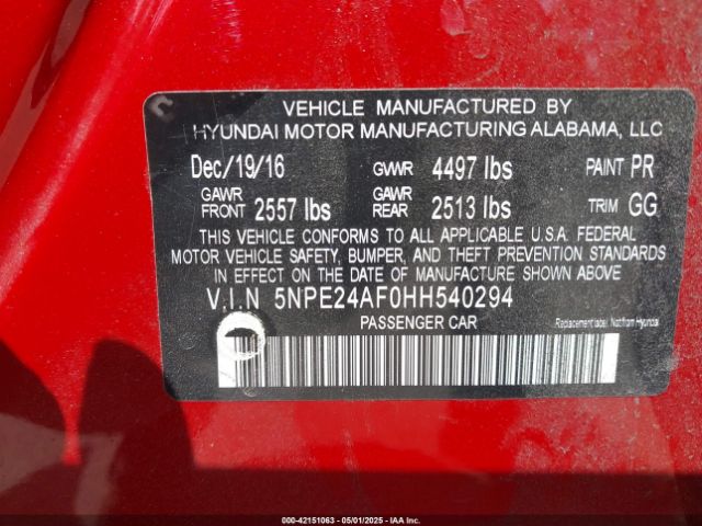 5NPE24AF0HH540294 Hyundai Sonata