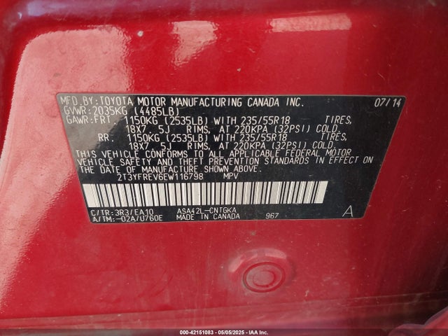 2T3YFREV6EW116798 Toyota Rav4 Limited