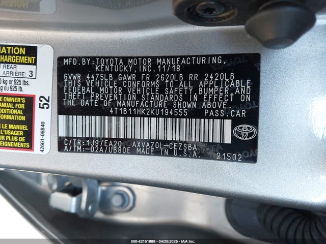 4T1B11HK2KU194555 Toyota a25a-fks