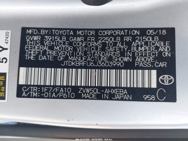 JTDKBRFU6J3603990 Toyota Prius Two