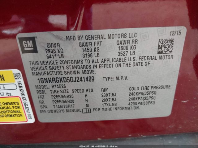 1GNKRGKD5GJ241409 Chevrolet Traverse 1lt