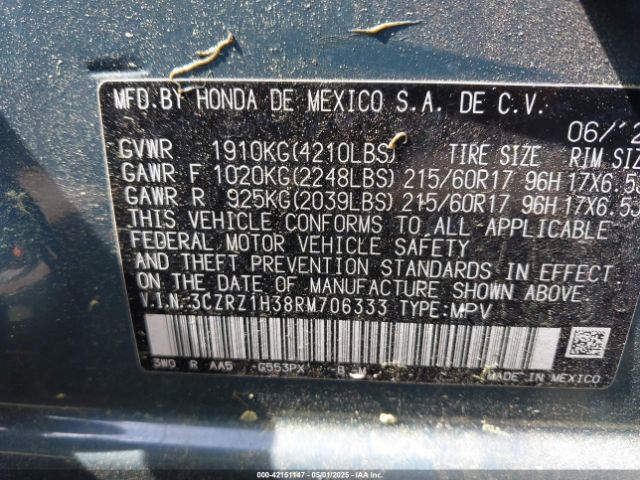3CZRZ1H38RM706333 Honda Hr-v 2wd Lx