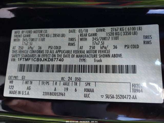 Ford F-150 Xl 2018 1FTMF1CB9JKD87740 Image 9
