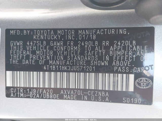 4T1B11HK3JU571201 Toyota CAMRY LE