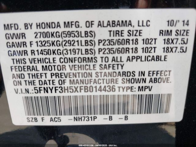 5FNYF3H5XFB014436 Honda Pilot Ex-l