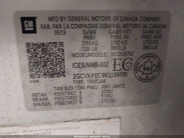 2GCVKPEC9K1196085 Chevrolet l83 - di, afm, alum, gen 5, var 1