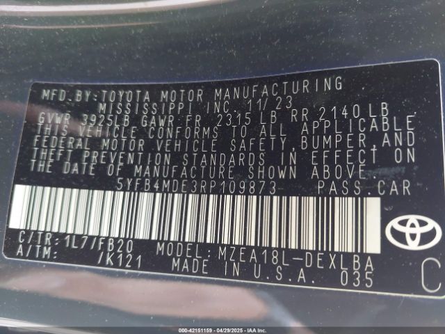 5YFB4MDE3RP109873 Toyota COROLLA LE