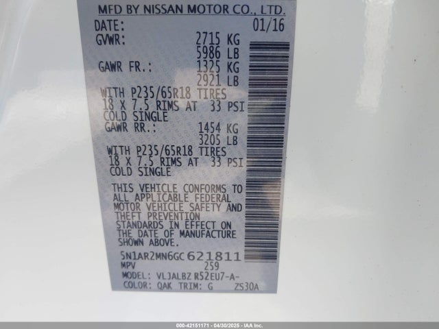 5N1AR2MN6GC621811 Nissan Pathfinder S