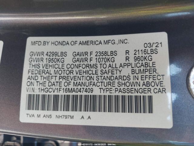 1HGCV1F16MA047409 Honda ACCORD LX