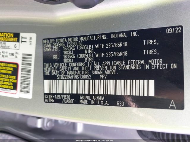5TDZZRAH1NS138852 Toyota Highlander Le