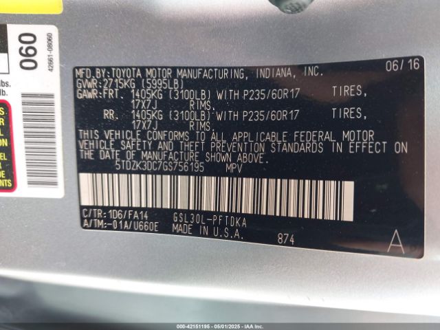 5TDZK3DC7GS756195 Toyota Sienna L 7 Passenger