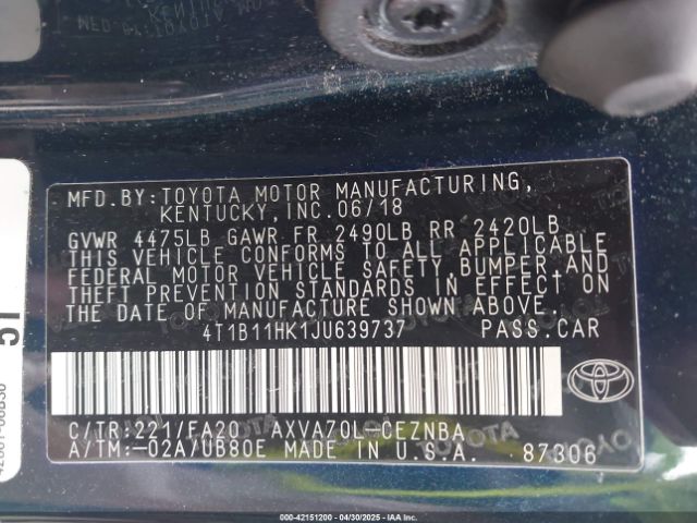 2018 TOYOTA CAMRY 4T1B11HK1JU639737 Photo 8
