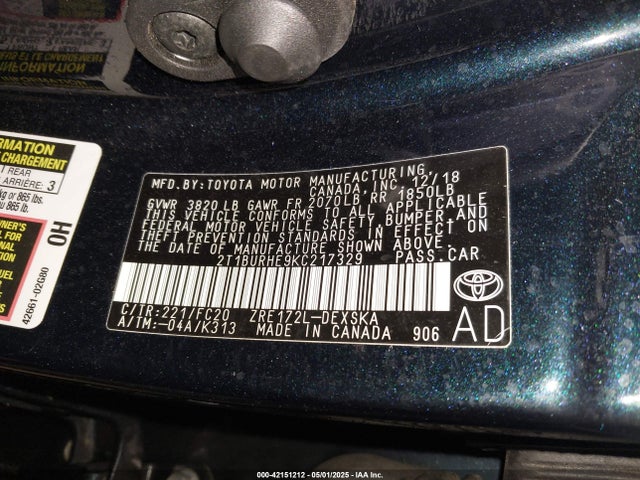 2T1BURHE9KC217329 Toyota COROLLA SE