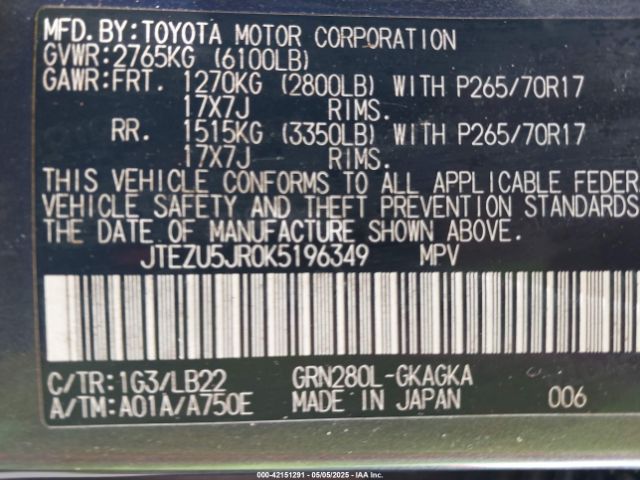 JTEZU5JR0K5196349 Toyota 4runner Sr5 Premium
